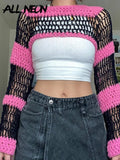 Pastel Goth Aesthetics Striped Print Knitted Crop Pullover Women Fashion Y2K Cute O-neck Hollow Out Crochet Covers
