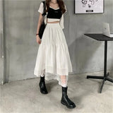 Gothic Lace Stitching Irregular Pleated Skirt Women White Vintage High Waist Long Skirt Korean Solid Hip Hop