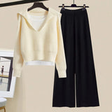 Winter Women Clothing Korean Casual Vest+knitted Sweaters+wide Leg Knitting Wide Leg Pants Sets Ladies Warm Knitwears