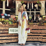 Boho Parrot Printed Front Open Summer Beach Dress Sexy White Chiffon Tunic Women Plus Size Beachwear Long Kimono Dress