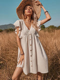 V-neck Button A-line Dress Solid High Street Ruffled Sleeveless Mini Dresses Casual High Waist Holiday Beach Dresses