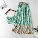 Queens Women Green Floral Print Off Shoulder Sleeveless Tops Bohemian Drawstring Pants 2 Pieces Rayon Boho