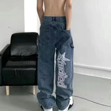 New Gothic Letters Star Print Jeans Women's Y2K Street Retro Hip Hop Loose Jeans Couple Casual Wild Wide Leg Straight