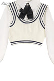 Women Preppy Style Two-piece Set Knitted Vests Long Sleeve Turn-down Collar Blouse Shirt Autumn Fashion Vintage