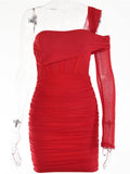 Double Layer Mesh Bodycon Dress Women's Summer One Shoulder Zipper Mini Dresses Women Sexy Night Club Party