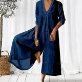 Women Cotton Linen Solid Loose Playsuit Overalls Casual 3/4 Sleeve Offcie Lady Rompers Spring Vintage V Neck Wide Leg