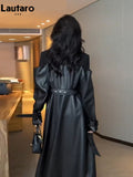 Autumn Long Black Patchwork Pu Leather Trench Coat for Women Double Breasted Loose Stylish Luxury Designer Clothing
