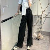 Loose Office Lady Thin Wide Leg Pants Summer High Waist Elastic Women Straight Trousers Casual Korean Lace Up Pants