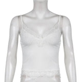 SUCHCUTE Goth Aesthetic Lace Patchwork Tank Tops For Women Sexy V-Neck Brown Retro Crop Tops Summer 90s Fashion Casual