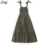 Women Fashion Hollow Out Embroidery Ruffles Elastic Slim Midi Dress Female Bow Tied Strap Vestidos Chic Clothing