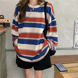 Style Striped O-Neck Long Sleeve Oversize T-Shirt Harajuku Lloose Top Spring/Autumn Women's Clothing Casual