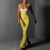 Patchwork Spaghetti Strap Maxi Dress For Women 2022 Summer Backless Sleeveless Split Elegant Bodycon Long