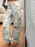 Heavy Industry Multi-Pocket Washed Cargo Pants Women Y2K Vintage Streetwear High-Rise Loose Oversized Straight-Leg
