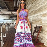 Bohemian Sexy Printed Women Dresses Halter Sleeveless Backless Naked Waist Long Dress Fashion Summer Beach Holiday
