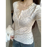 Ruffled Lace Trim Front Tie Long Sleeve TeeOutfit