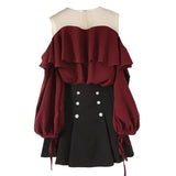 Summer 2 pcs sets Women Chiffon Patchwork Mesh Off Shoulder Shirt+A Line Draped Solid Skirt set Female Ruffles Casual