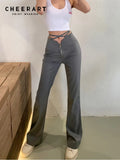 Spring 2022 Grey Bandage Flare Pants Women Bandage Mid Rise Trousers Bell Bottom Pants Korean Fashion Trendy