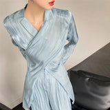 Glitter 2 Piece Sets Womens Outfits Wrap Top And Pants Sets Light Blue Designer Top Bloues Clothes For Women