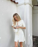 White Knit Short Sleeve Buttoned Mini Dress-Outfit