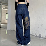 Jeans Women Hip Hop Retro Skull Embroidery Washed Baggy Jeans Harajuku New Straight Casual Loose Wide Leg Pants