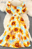 Vintage Women Printed Dresss Sexy Square Collar Short Puff Sleeve High Waist A-Line Vacation Beach Vestidos Female