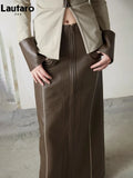 Spring Autumn Color Block Brown Pu Leather Maxi Skirt Women with Back Slit High Waist Long Luxury Designer Clothes