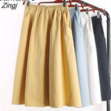 100% Cotton Midi Summer Skirt Women 2021 Fashion Korean Pocket A-line Sun School Black White High Waist Skirt