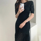 Hollow Out Women Knit Short Sleeve High Waist Bandage With Vest Midi Female Fashion Chic Dress