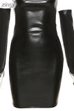 Women Faux PU Leather Sexy Skinny Mini Dress With Sleeve Midnight Club Partywear Bodycon Backless Wrap Chest