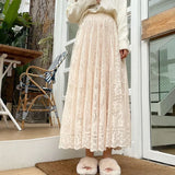 White Black Lace Midi Skirts Female Summer Embroidery Mesh Long Saia 2021 Women'S Elegant Boho High Waist Pleated