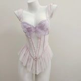 Pure-Style Purple Bow Bow Mesh Yarn Women's Summer Sexy Bare Backs Thin Slings With Pajamas