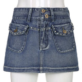SUCHCUTE Korean Fashion Cargo Mini Skirts Women Low Waist Grunge Fairycore Denim Skirt Retro Diamond Streetwear Harajuku