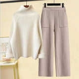Winter Warm Two Piece Sets Womens Outfit Office Ladies Elegant Turtleneck Knitted Loose Sweater And Woolen Pants Sets