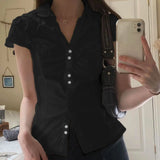 Solid Color Button Down Short Sleeve BlouseOutfit