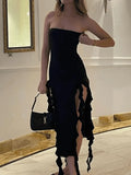 Irregular Ruffle Bandeau Maxi Dress- Outfit