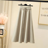 Knitted Midi Skirts Women High Waist Pleated A Line Skirt Korean Elegant Autumn Winter Lace Up Bandage Slim Casual