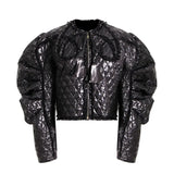 Women Cotton-padded Coat Round Neck Loose Zipper Puff Sleeve Argyle Short Jackets Winter 2022 New Tide