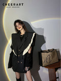 Korean Fashion Black Ruffle Women Vest Coats Double-Breasted Oversized Jackets Designer Sleeveless Coat