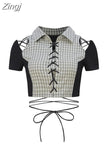 Women Tees Shirt Y2k Girl Cute Sexy Bandage Patchwork Hollow Out Cropped Tops Streetwear Short Sleeve Polo-neck Kawaii T