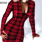 Women Elegant Long Finger Sleeves Zipper Collar Plaid Mini Sexy Bodycon Party Red