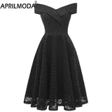 Elegant Summer Women Lace Tunic Midi Dress Slash Neck Short Sleeve Knee Pure Solid Black Red Knee Length A Line Party
