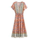 Queens Women Sexy V Neck High Split 2020 Print Flare Sleeve Bohemian Dresses Ladies Rayon Cotton Boho Maxi