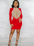 Sexy Crystal Beading Mesh Patchwork Mini Dress Womens Long Sleeve Backless Bodycon Dresses Party Clubwear