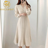 Elegant Women Single-breasted Sweater Dress 2021 Spring Autumn Warm Slim Waist Female Knitted Dress A-line Vestidos