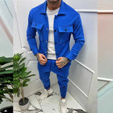 Solid Men 2-piece Set Fall Fashion Long Sleeve Lapel Single Breasted Coat And Long Work Pants Suit Men Pocket Sports