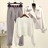 Winter Warm Clothes Three Piece Set Women Outfits Office Ladies Elegant Woolen Coats+knitted Sweater+wool Harem Pants