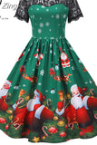 Christmas Dress Women 2023 New Short Sleeve Print High Waist Elegant Vintage Winter Xmas Party Sundress 3XL
