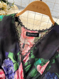Vintage Black Floral Printed Chiffon Long Dress Elegant V-Neck Short Sleeve High Waist A-Line Maxi Vestidos Female