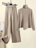 Winter Knitted Set For Women Turtleneck Pullover Knitted Sweater And Wide Leg Pants Two Piece Sets Women Warm Clothing