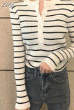 Striped Women Pullover Sweater Fashion Button Long Sleeve Knitted Slim Korean Jumper Causal High Elastic Ladies